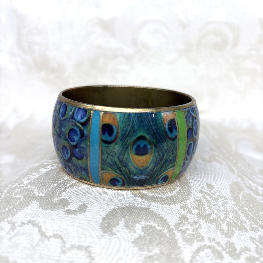 VINTAGE ENAMEL peacock feather Design Cuff Bracelet Brass